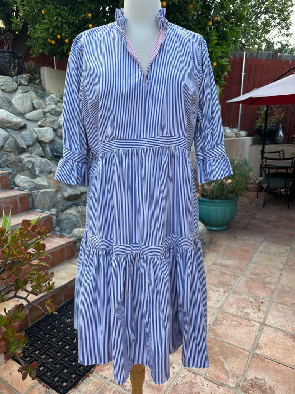 Gretchen Scott Designs Blue and White Vertical Stripe Midi Dress Size L